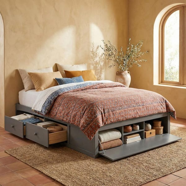 Gray Wood Frame Queen Size Platform Bed with Lift-Up Storage and 4 Drawers