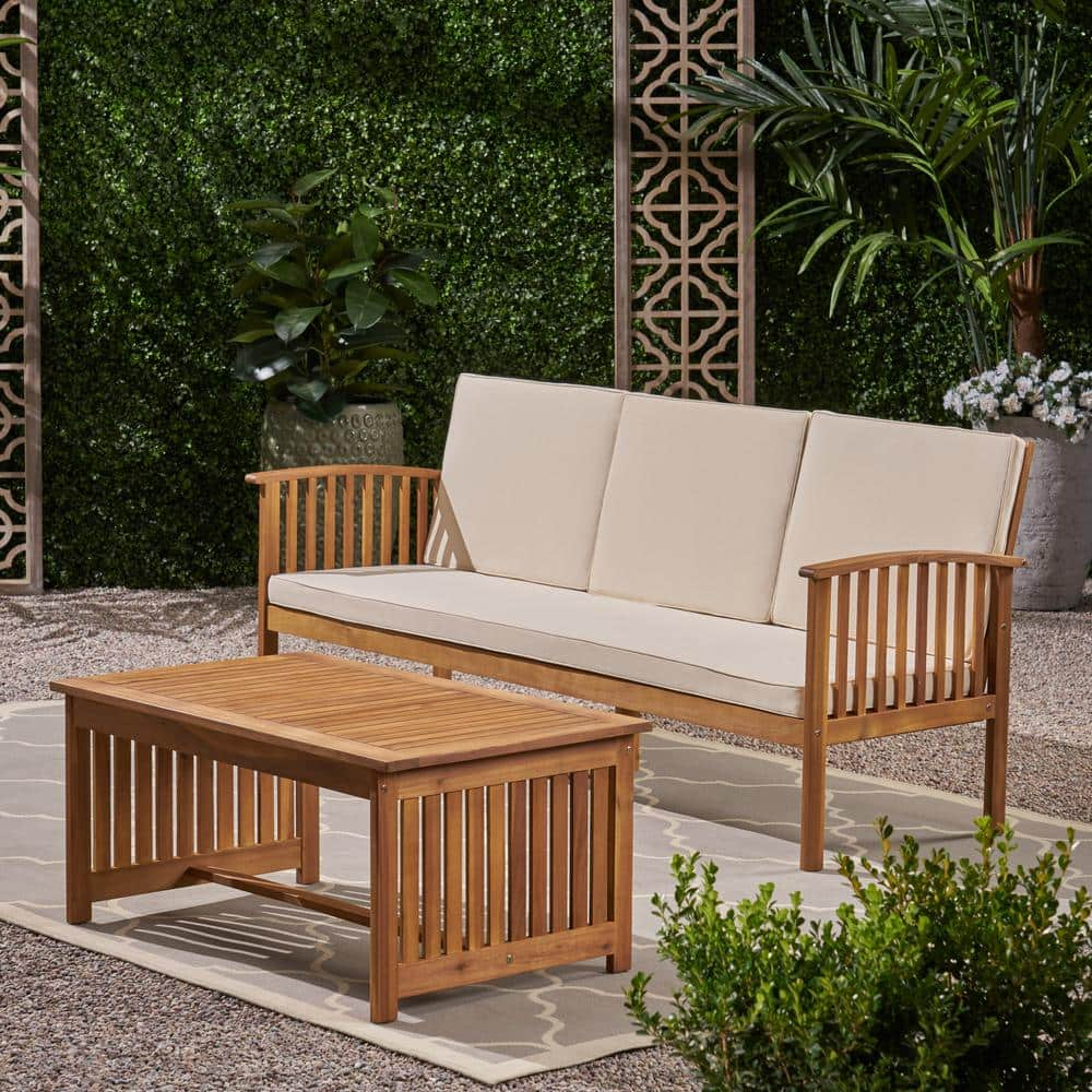 Noble House Rattler Teak and Mixed Brown Wood and Wicker Outdoor Couch with  Beige Cushions 109280 - The Home Depot