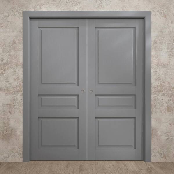 48 in. x 96 in. Painted Grey Oak Solid Wood Double Pocket Doors With Hardware