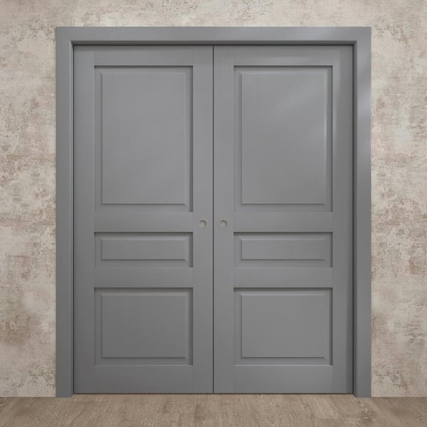 84 in. x 96 in. Painted Grey Oak Solid Wood Double Pocket Doors With Hardware