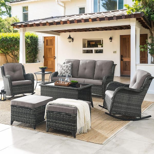 Bellefurn WellCane Brown 7-Piece Wicker Patio Conversation Set with Gray Cushion, Outdoor Rocking Chair, Sofa and Coffee Table