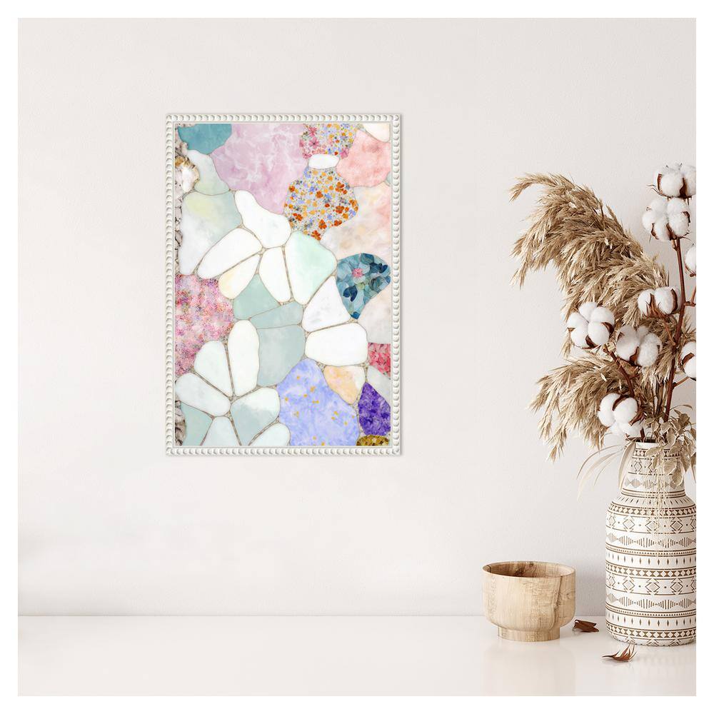 Floral Mosaic Abstract Canvas Art with White Beaded Frame