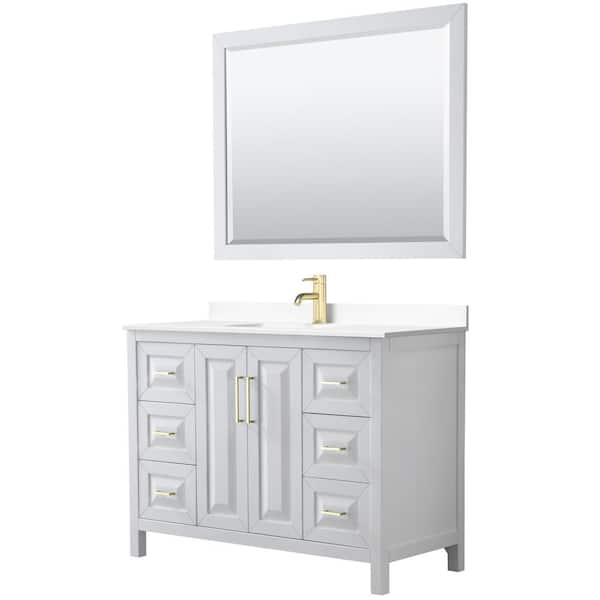 Wyndham Collection Daria 48 in. W x 22 in. D x 35.75 in. H Single Sink Bath Vanity in White w/ White Cultured Marble Top and 46 in. Mirror