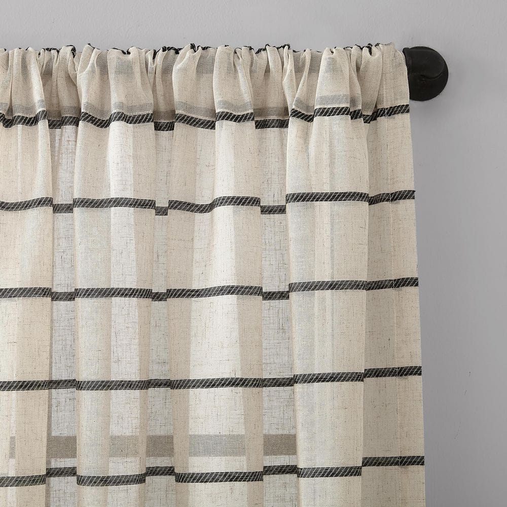 Black and Linen Stripe Sheer Rod Pocket Curtain Panel, 52" x 84"