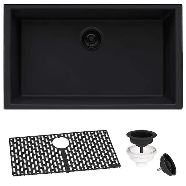 Epigranite 30 in. Undermount Single Bowl Midnight Black Granite Composite Kitchen Sink