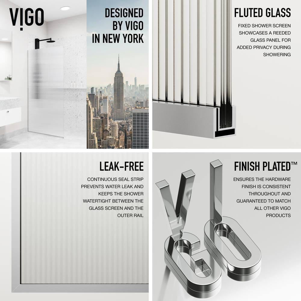 Zenith 34" x 74" Frameless Shower Screen with Fluted Glass in Black