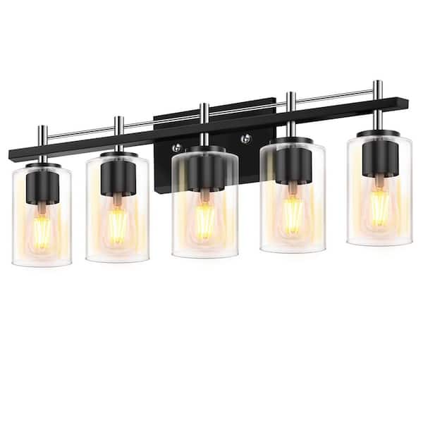 Farmhouse 30.7 in. 5-Light Chrome and Black Bathroom Vanity Light with Glass Shade