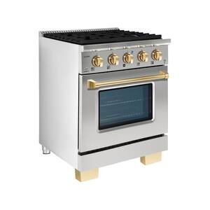 BOLD 30" 4.2 Cu.Ft. 4 Burner Freestanding Dual Fuel Range with Gas Stove and Electric Oven, Glossy Black with Brass Trim