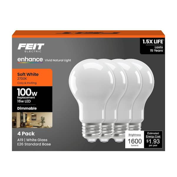 Feit Electric - 100-Watt Equivalent A-Style A19 Dimmable CEC Frosted Glass E26 Medium Base LED Light Bulb, Soft White 2700K (4-Pack)