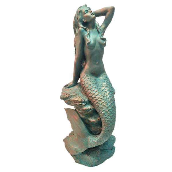 HOMESTYLES 28 in. Mermaid Bronze Patina Sitting on Coastal Rock Beach Collectible Statue