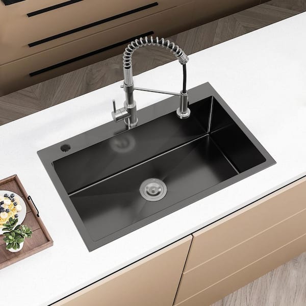 30 in. Drop-In Single Bowl Black Stainless Steel Kitchen Sink with US Standard Drain and Hook