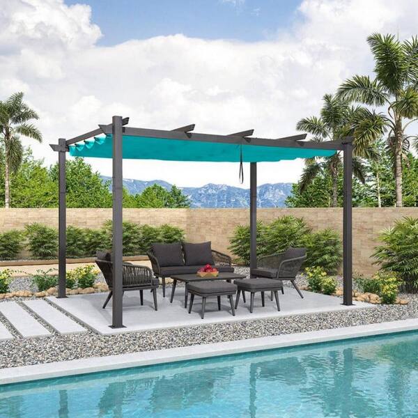 PURPLE LEAF 10 ft. x 13 ft. Gray Outdoor Retractable Modern Yard Metal Grape Trellis Pergola w Canopy - Turquoise Blue