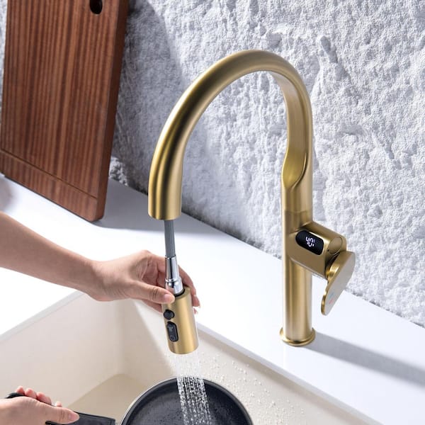 Single Handle 18 in. H Pull Down Sprayer Deck Mounted Kitchen Faucet 180° Spout Swivel in Brushed Gold