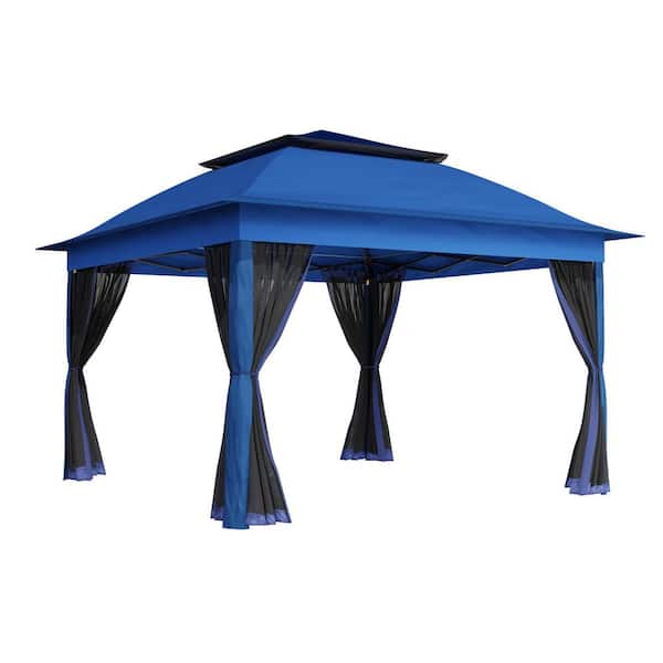 11 ft. x 11 ft. Dark Blue Pop-Up Outdoor Patio Steel Metal Frame Soft Top Gazebo with Mosquito Netting