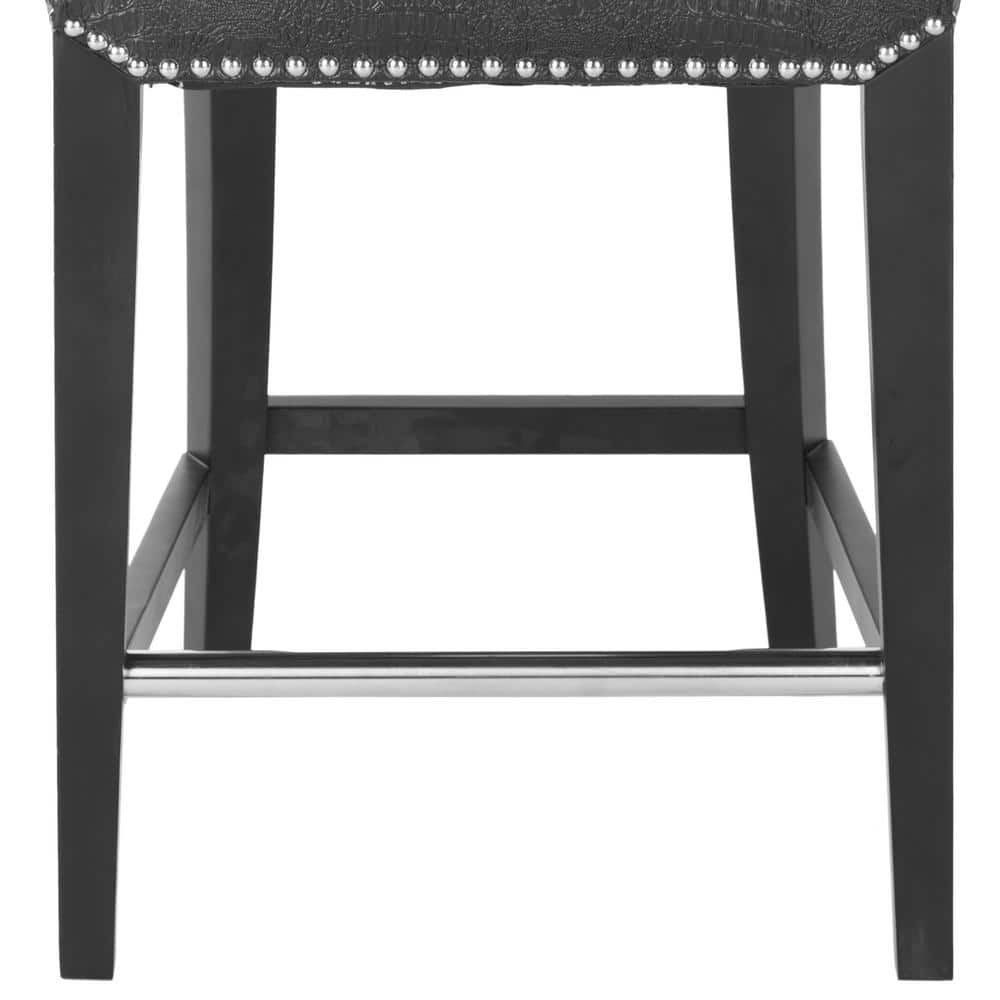 Transitional Birchwood Black Leather Counter Stool with Crocodile Pattern