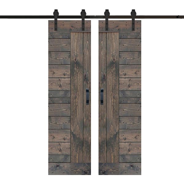 ISLIFE L Series 48 in. x 84 in. Smoky Gray Finished Solid Wood Double Sliding Barn Door with Hardware Kit - Assembly Needed
