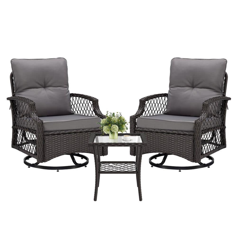 3 Piece Wicker Outdoor Gray Bistro Set 2 Swivel Glider Patio Chairs with Cushions 1 Side Table High price history on PriceWatchPro