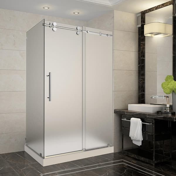 Aston Langham 48 in. x 35 in. x 77.5 in. Frameless Sliding Shower Enclosure and Frosted in Chrome with Right Base