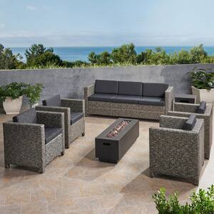 Hegseth Mixed Black 7-Piece Faux Rattan Patio Fire Pit Set with Dark Grey Cushion and Dark Grey Fire Pit