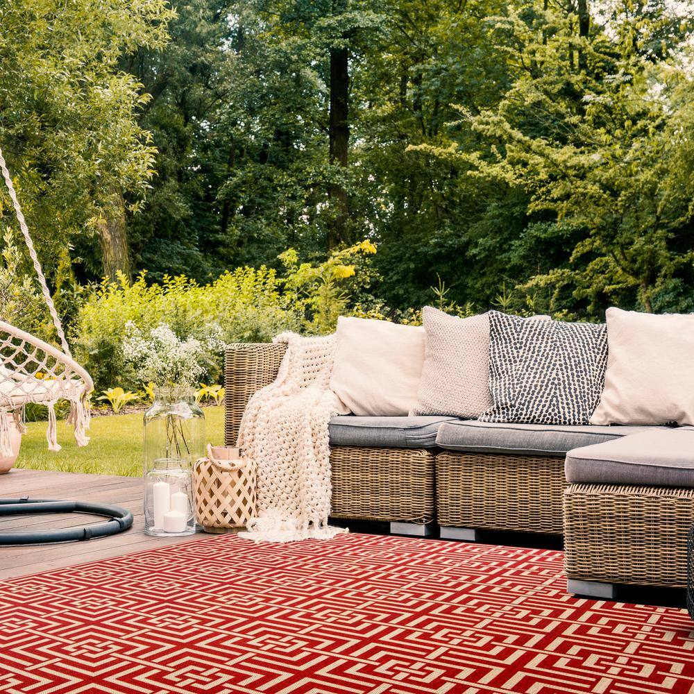 Red and Creme Geometric Square Synthetic Area Rug