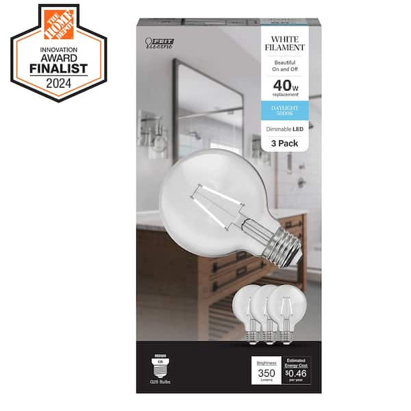 40-Watt Equivalent G25 Globe Dimmable White Filament Clear Glass E26 LED Vintage Edison LIght Bulb Daylight 5000K 3-Pack