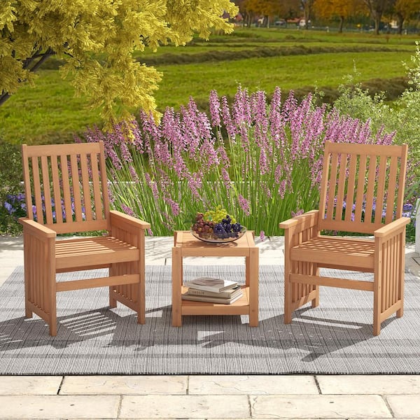 FORCLOVER 3-Piece Wood Patio Conversation Set with 1.5 in. Umbrella Hole