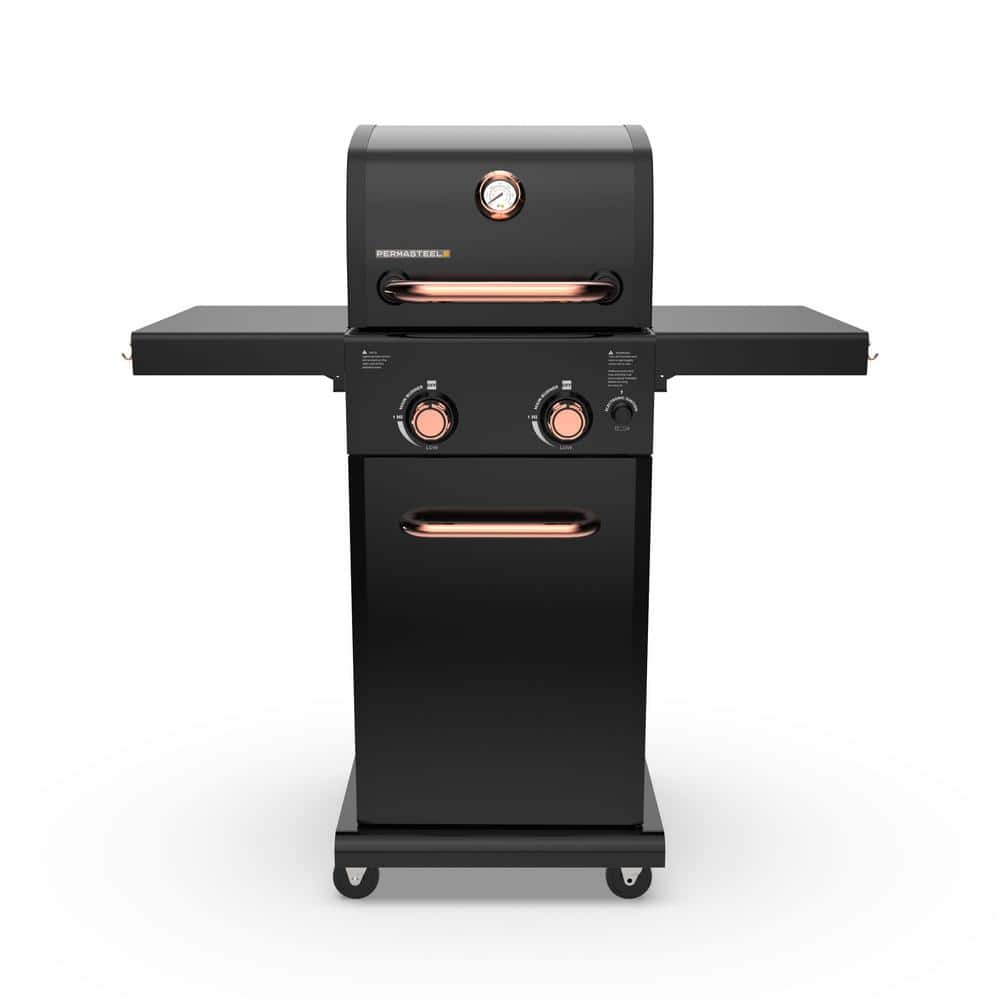 Compact Black and Copper 2-Burner Propane Gas Grill with Foldable Side Tables