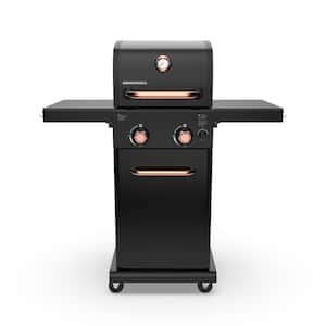 2-Burner Compact Gas Grill with Foldable Side Tables in Black with Copper Accent