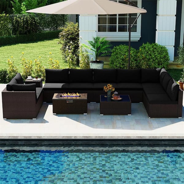 12-Piece Wicker Patio Conversation Sectional Seating Set with 32 in.  Propane Fire Pit Table Tank Holder Black Cushions