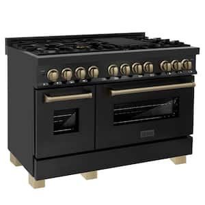 Autograph Edition 48 in. 7 Burner Double Oven Dual Fuel Range in Black Stainless Steel and Champagne Bronze