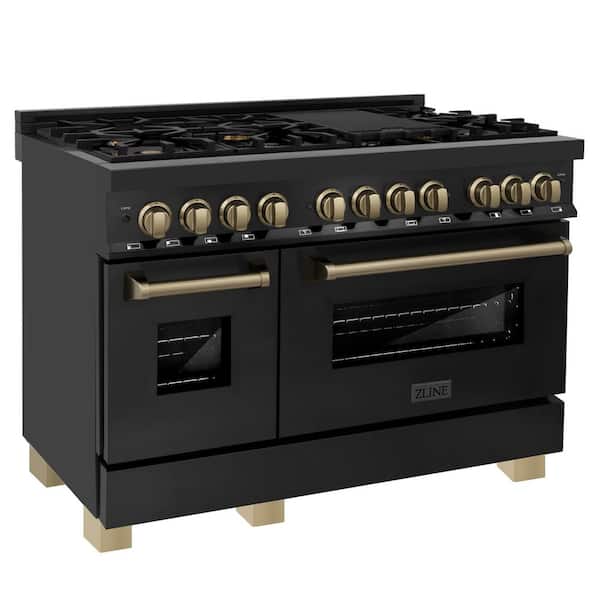 ZLINE Kitchen and Bath Autograph Edition 48 in. 7 Burner Double Oven Dual Fuel Range in Black Stainless Steel and Champagne Bronze