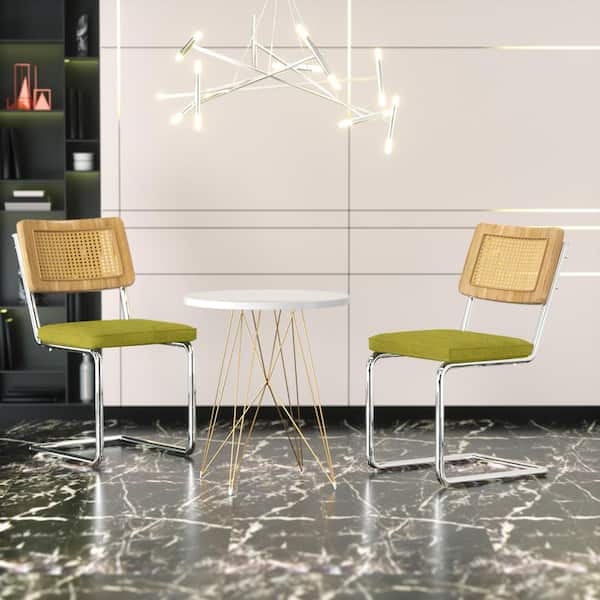 JOYSIDE Outdoor Upholstered Ratten Dining Side Chairs with Cane Backrest, Chromed Metal Frame and Green Cushion (Set of 2)
