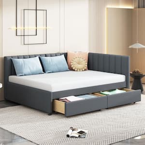 Gray Full Size Upholstered Wood Daybed with Storage Drawers, No Box Spring Needed