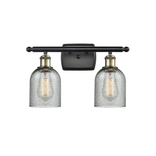 Caledonia 16 in. 2-Light Black Antique Brass Vanity Light with Glass Shade
