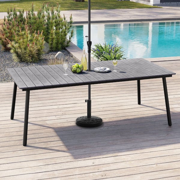 82.48 in. Rectangular Aluminum Faux Wood Top Outdoor Dining Table with 1.6 in. Umbrella Hole in Gray