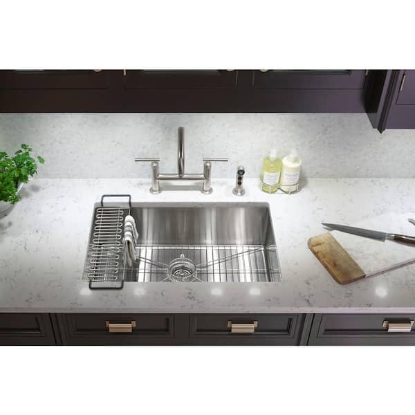 Strive Undermount Stainless Steel 29 in. Single Bowl Kitchen Sink Kit with Sink Rack