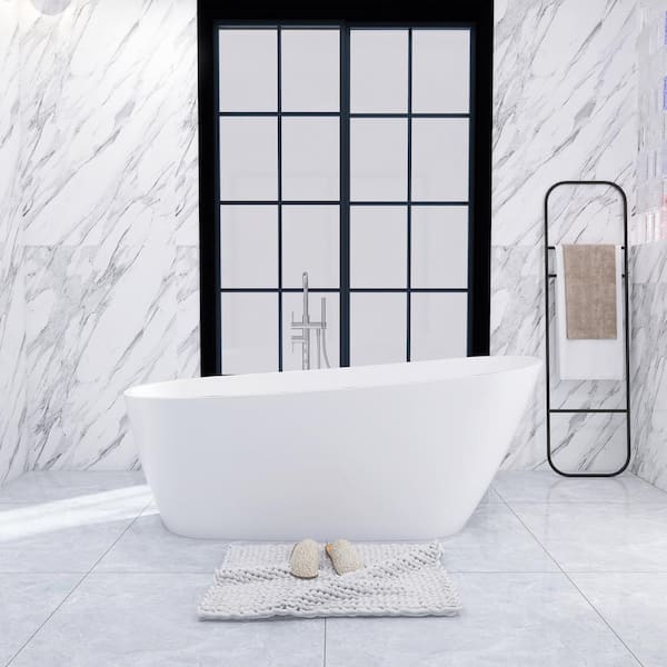 Unbranded 67 in. x 30 in. Acrylic Freestanding Soaking Bathtub with Reversible Brushed Nickel Drain in Glossy White
