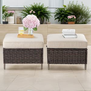 Wicker Outdoor Patio Ottoman with Beige Cushions (Set of 2)