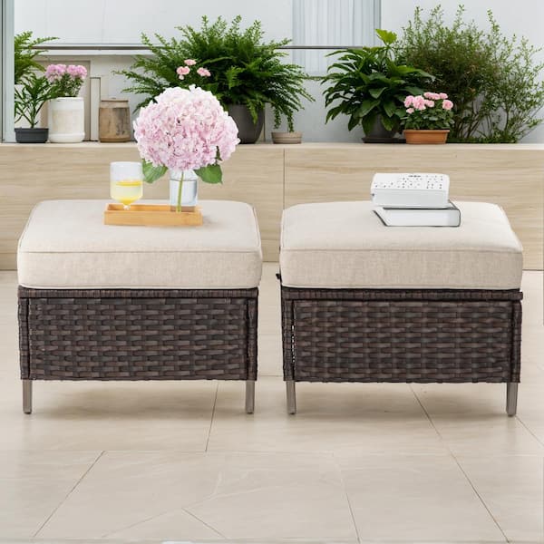 Gardenbee Wicker Outdoor Patio Ottoman with Beige Cushions (Set of 2)