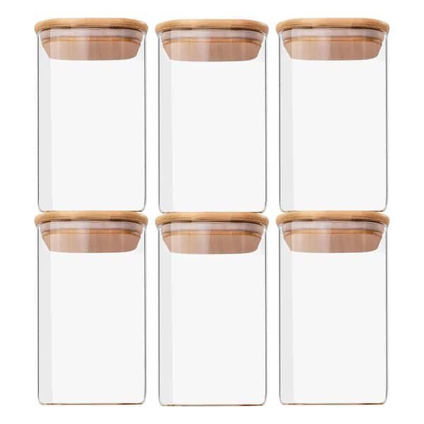 6-Piece Airtight Square Glass Food Storage Jars Set Clear Containers with Bamboo Lid for Kitchen Pantry