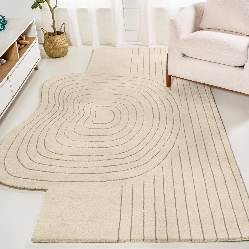 Ivory Beige Abstract Handwoven Wool 6' x 9' Area Rug