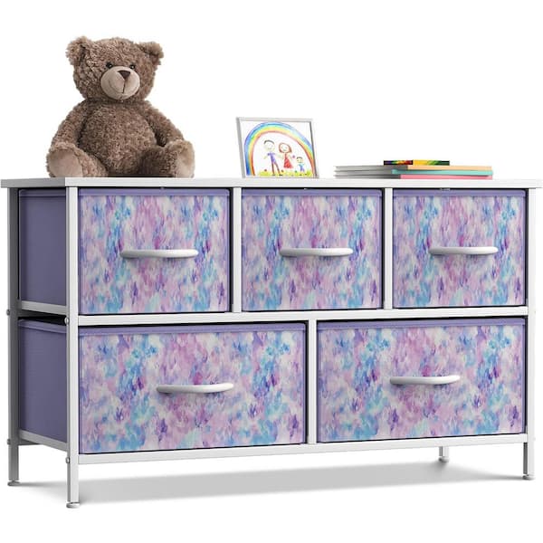 Sorbus 11.87 in. L x 39.5 in. W x 24.62 in. H 5-Drawer Tie dye Purple Dresser Steel Frame Wood Top Easy Pull Fabric Bins