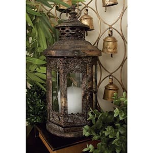 13 in. H Brown Metal Decorative Candle Lantern with Intricate Scroll Work