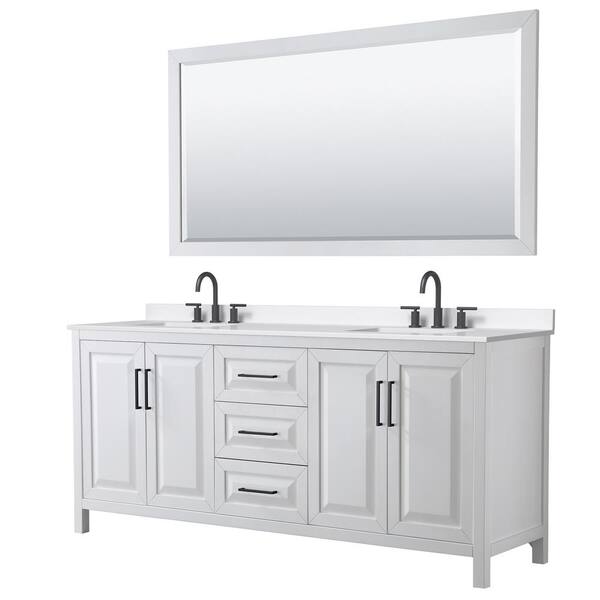 Wyndham Collection Daria 80 in. W x 22 in. D x 35.75 in. H Double Bath Vanity in White with White Quartz Top and 70 in. Mirror