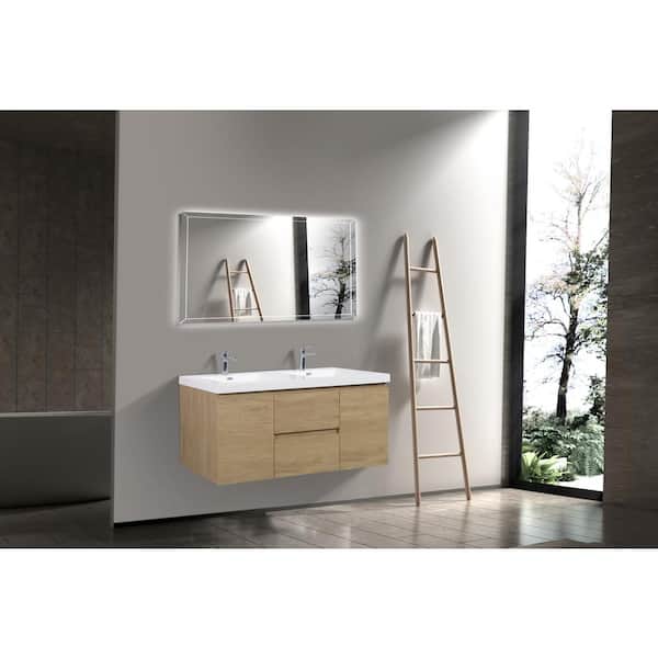 58.74 in. W Double Sinks Wall-Mounted Natural Oak Bath Vanity With White Resin Top Unassembled
