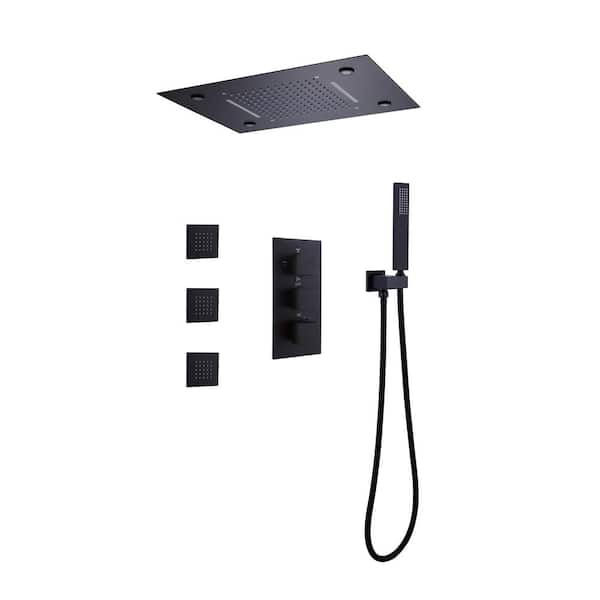 4-Spray Dual Ceiling Mount Rectangle LED Rain Shower Head Fixed and Handheld Shower Head 1.8 GPM in Black with 3-Jets
