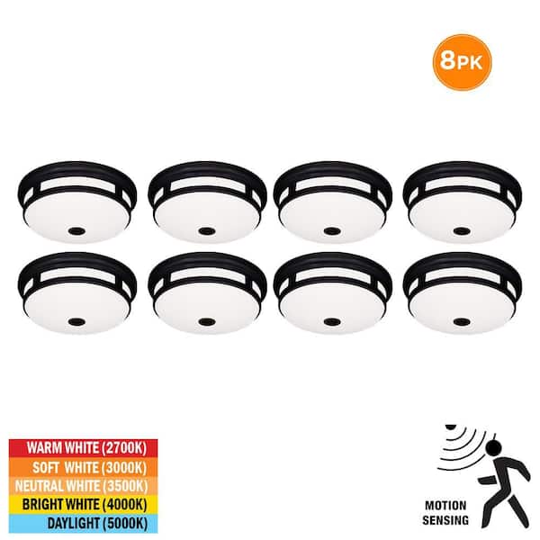 Greenhaven 11 in. 1-Light Matte Black Motion Sensing LED Outdoor Ceiling Light Flush Mount Adjustable CCT (8-Pack)