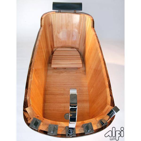 Natural Wood Freestanding Soaking Bathtub with Chrome Faucet