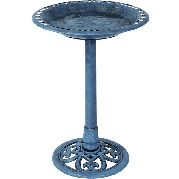Outdoor Garden Bird Bath: Blue Weather-Resistant Polyresin, 27 in.