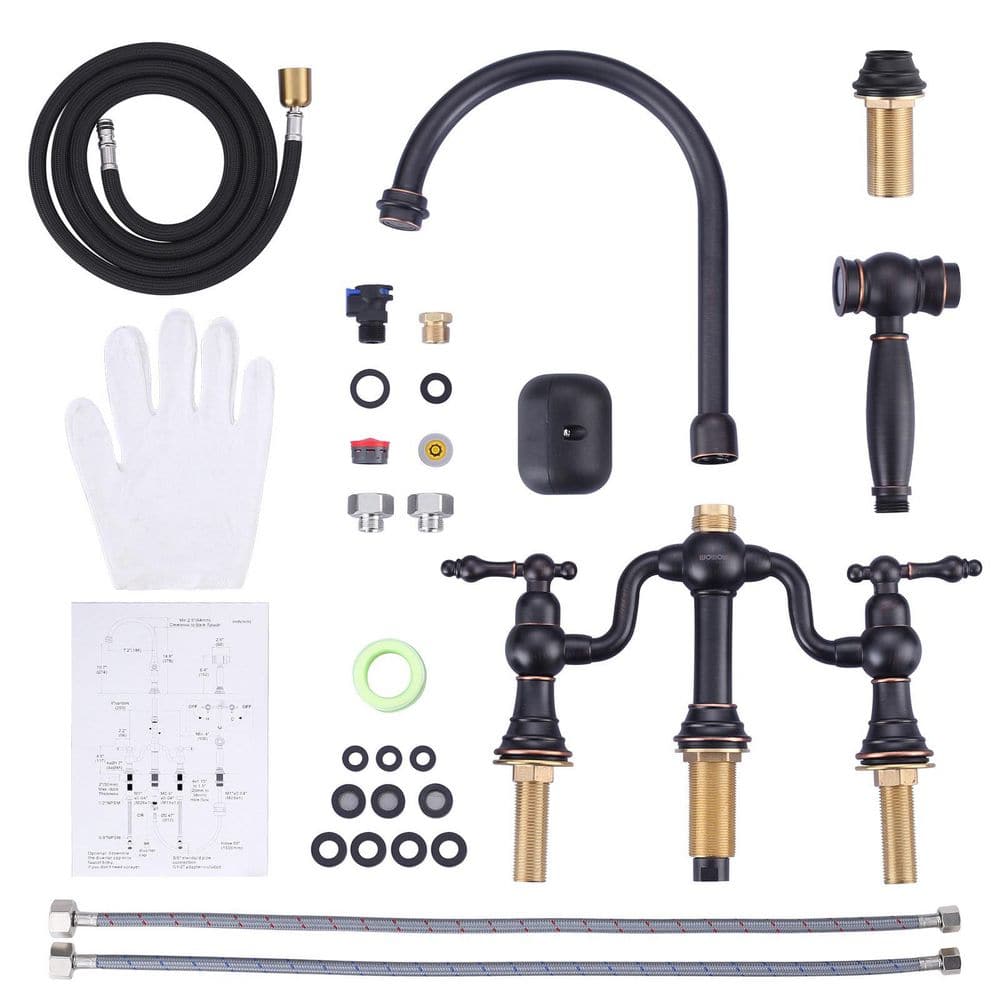 Oil Rubbed Bronze Double Handle High-Arc Widespread Kitchen Faucet with Pull-out Spray